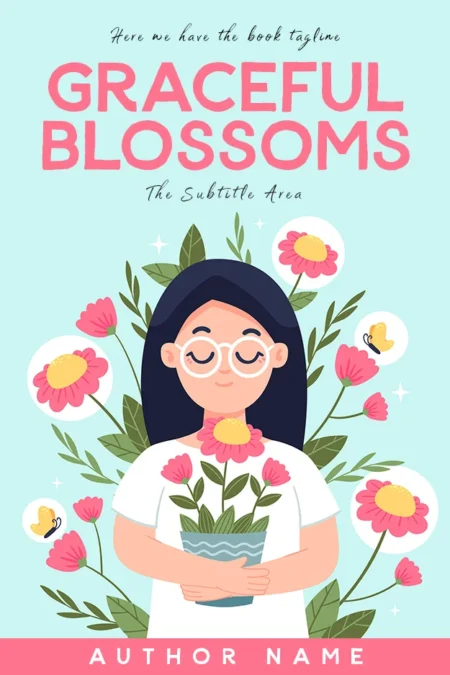 A children's book cover featuring a girl with glasses holding a potted plant, surrounded by blooming flowers and butterflies.