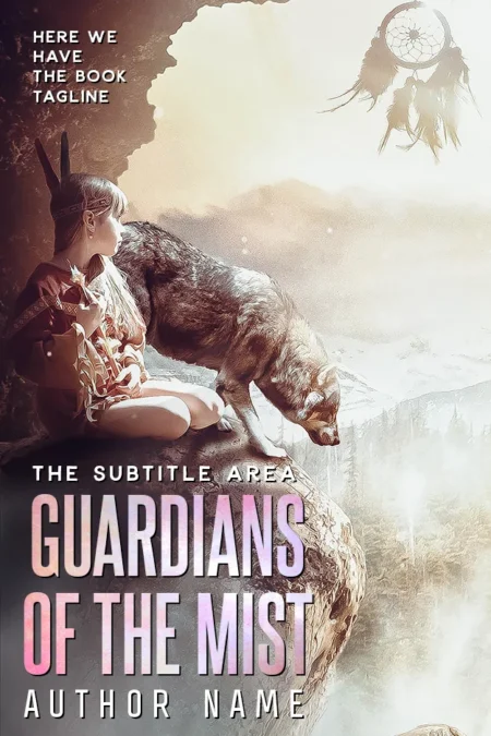 Book cover for 'Guardians of the Mist' depicting a young tribal girl with a large wolf on a cliff under a dream catcher, overlooking a misty landscape.