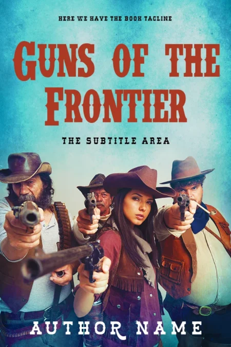 "Guns of the Frontier" book cover featuring three gunslingers in traditional Western attire, pointing their guns directly at the viewer against a blue sky background.