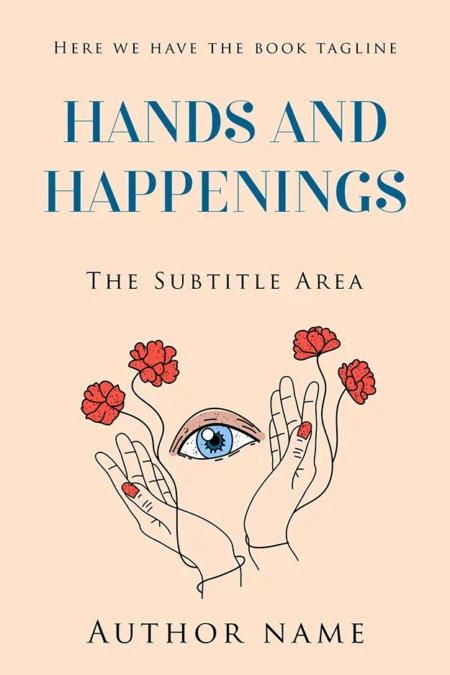 A book cover titled "Hands and Happenings" featuring an artistic illustration of hands, an eye, and red flowers on a light beige background, symbolizing creativity and insight.