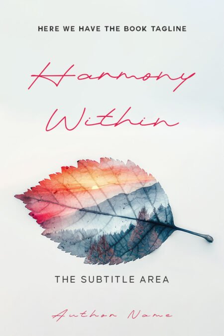Book cover featuring the title 'Harmony Within' in pink cursive letters over an image of a leaf containing an illustration of a forest landscape.