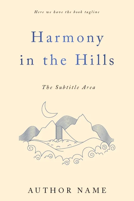 Harmony in the Hills book cover featuring minimalist line art of hills and a moon on a beige background