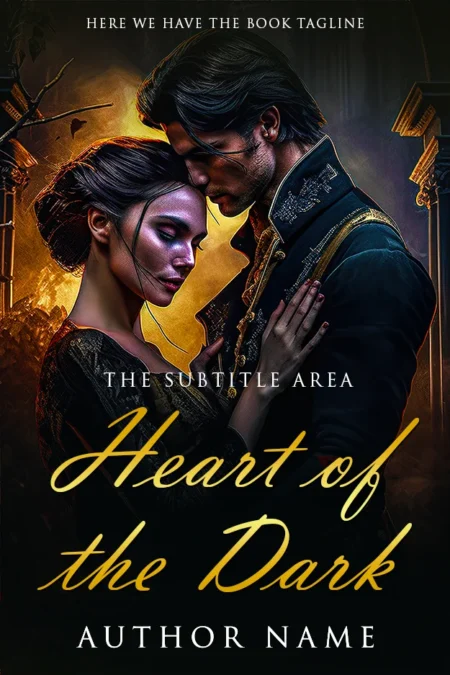 "Heart of the Dark" book cover featuring a romantic embrace between a man and a woman in elaborate historical costumes, set against a dark, moody backdrop with golden accents.