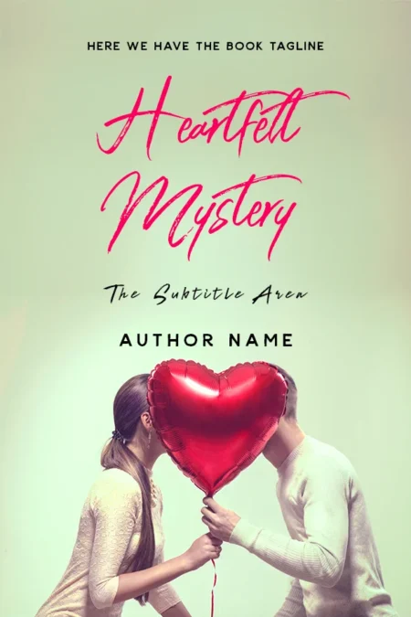 Cover for 'Heartfelt Mystery' featuring a couple about to kiss, hidden behind a red heart-shaped balloon.