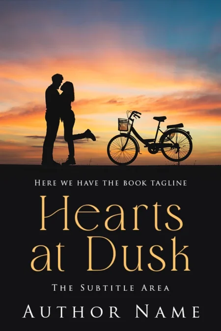 A romantic book cover titled "Hearts at Dusk" featuring a couple standing together at sunset with a bicycle nearby.