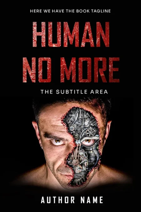 "Human No More" book cover featuring a man's face half-transformed into a mechanical interface, highlighting the fusion of human and machine.