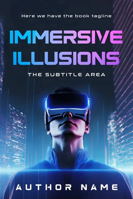A book cover titled "Immersive Illusions" featuring a futuristic, neon-lit image of a person wearing a virtual reality headset, symbolizing the world of virtual and augmented reality.