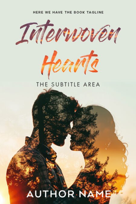 Book cover featuring the title 'Interwoven Hearts' in multicolored letters over an image of two people facing each other, their silhouettes blending with a forest at sunset.
