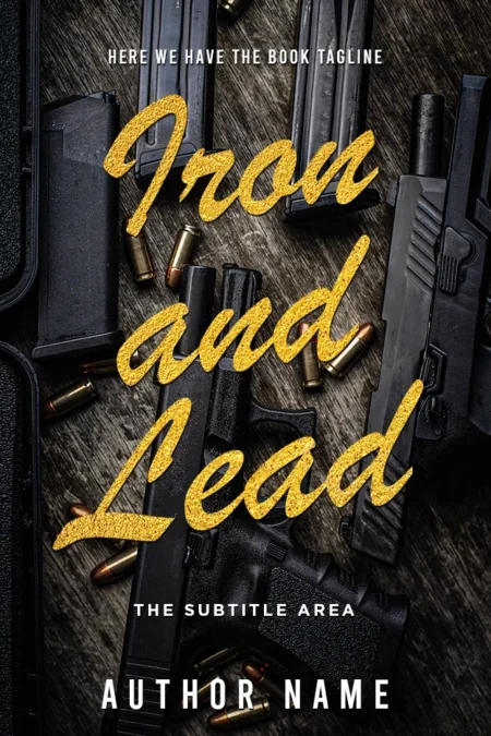 Book cover for "Iron and Lead" featuring an array of firearms and bullets, set against a dark wooden background, highlighting the intense action theme.