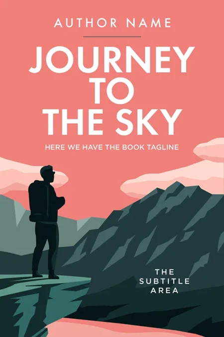 A book cover titled "Journey to the Sky" featuring a silhouette of a hiker standing on a mountain ridge with a pink sky in the background.