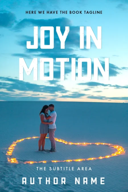 A romantic book cover design titled "Joy in Motion," featuring a couple embracing within a heart-shaped outline of lights on a serene beach at sunset.