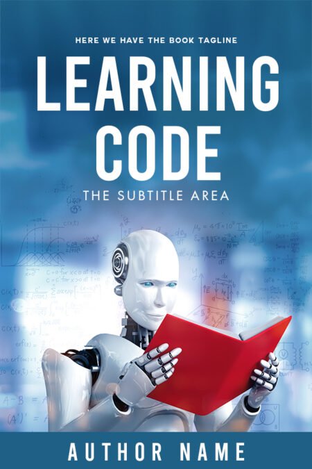 Book cover featuring the title 'Learning Code' in bright blue letters over an image of a robot reading a red book against a background filled with mathematical formulas.