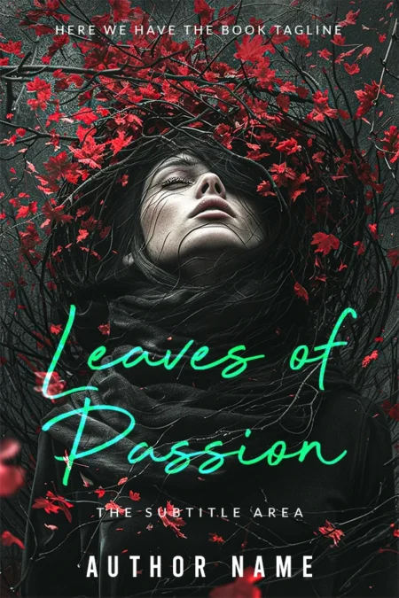 Leaves of Passion book cover featuring a woman surrounded by red leaves in a dramatic, dark setting
