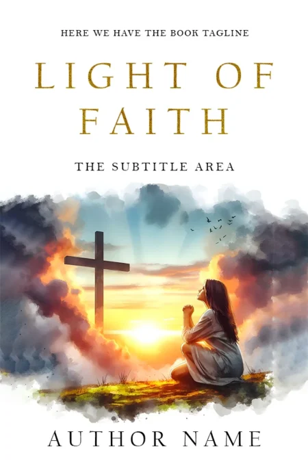 Light of Faith book cover featuring a woman kneeling in prayer near a cross with a sunrise background