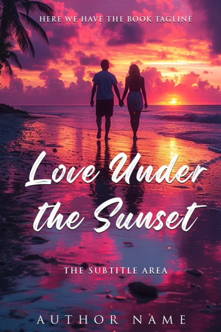 A romantic book cover featuring a couple holding hands and walking on the beach at sunset, with vibrant colors in the sky.