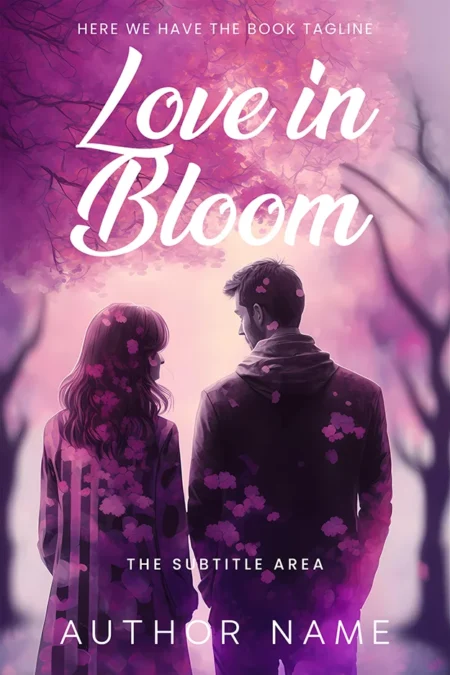 A romantic book cover titled "Love in Bloom" featuring a couple standing under cherry blossom trees, with a soft pink and purple background.