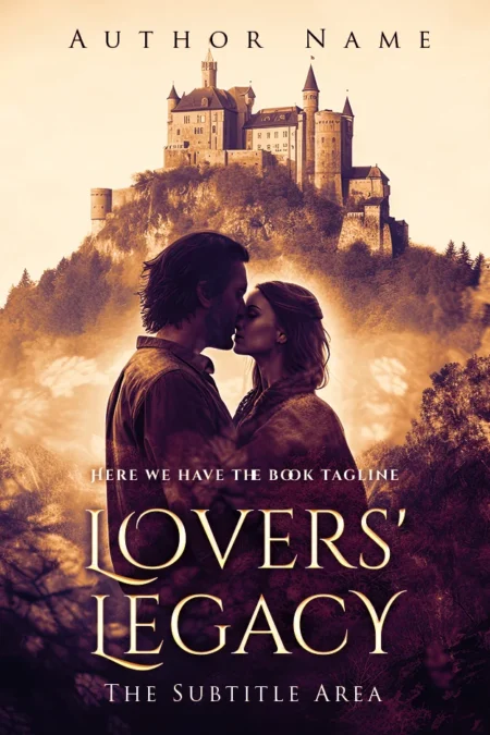 A romantic book cover featuring a couple embracing in front of a grand castle.