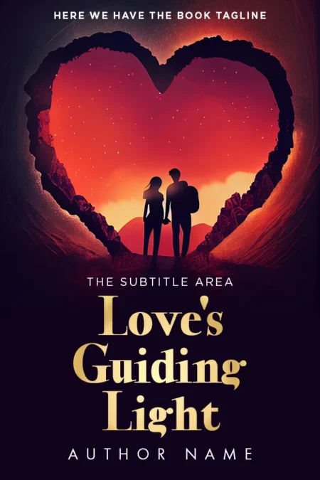 A romantic book cover featuring a couple holding hands, silhouetted against a heart-shaped cave opening with a glowing sunset in the background.