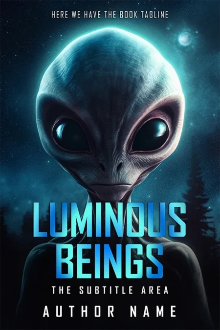 Luminous Beings premade science fiction book cover featuring an alien with large eyes against a dark, starry background