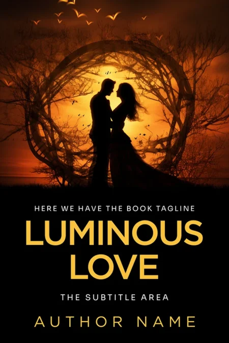 A romantic book cover titled "Luminous Love" featuring a couple in silhouette embracing against a glowing orange sunset, surrounded by a circular frame of intertwined branches.