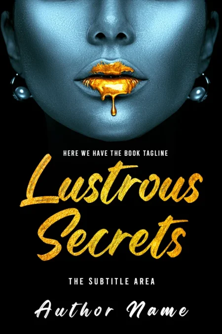 Book cover for "Lustrous Secrets" featuring a woman's face with golden dripping lips, embodying the themes of mystery and seduction.