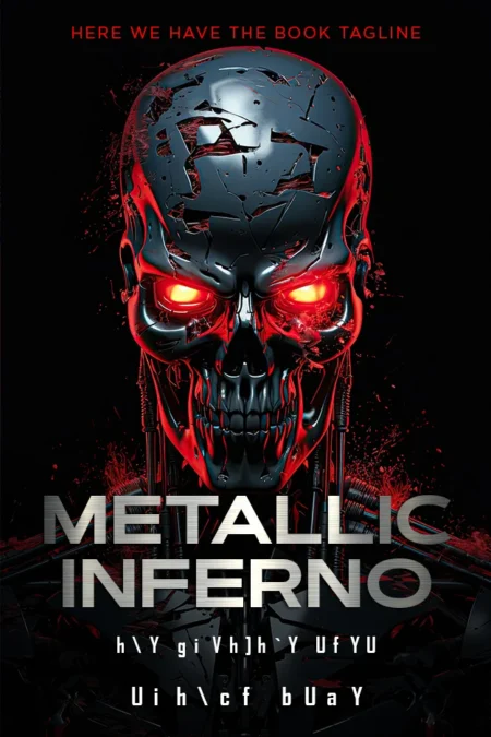 Metallic Inferno premade book cover featuring a menacing cyberpunk robot with glowing red eyes and a dark, industrial background.