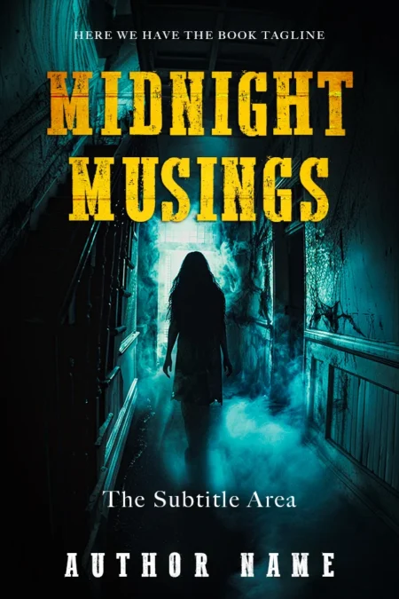 Midnight Musings premade book cover featuring a shadowy figure in a haunted house corridor with eerie lighting and fog.