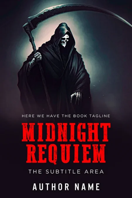 A chilling book cover titled "Midnight Requiem" featuring a hooded grim reaper holding a scythe against a dark, eerie background.