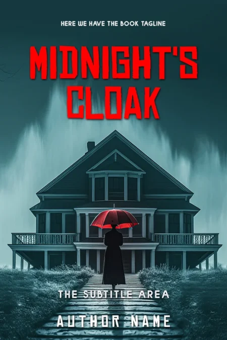 "Midnight's Cloak" book cover depicting a solitary figure with a red umbrella standing in front of an eerie house shrouded in mist, evoking a haunting gothic atmosphere.