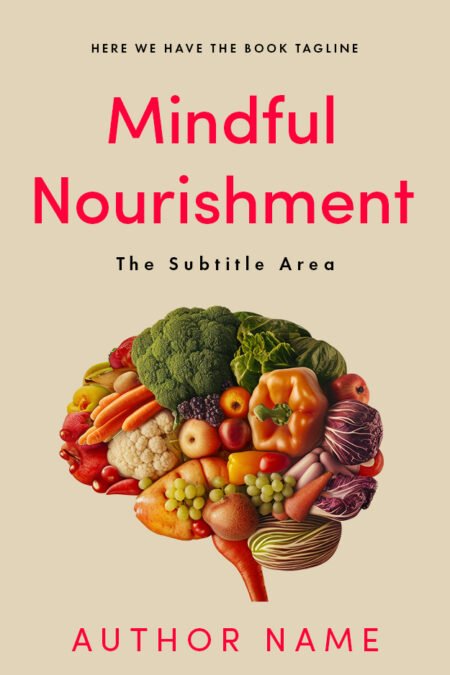 Brain-shaped arrangement of various healthy foods on the book cover titled 'Mindful Nourishment'