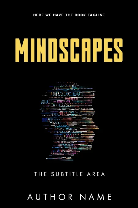 Book cover for 'Mindscapes' featuring a digital human head silhouette made from colorful data streams against a black background.