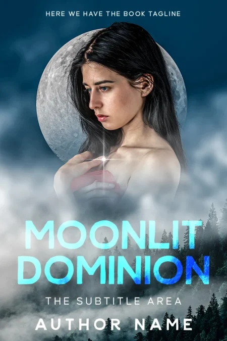 Book cover featuring the title 'Moonlit Dominion' in glowing blue letters over an image of a young woman against a moonlit sky.