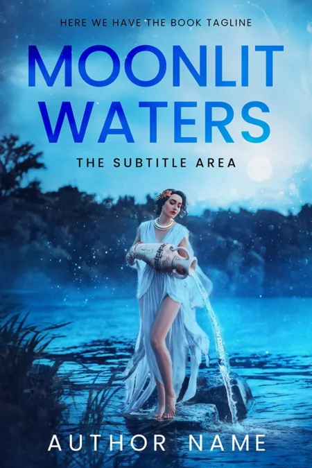 A mesmerizing book cover titled "Moonlit Waters" featuring a serene woman in a flowing white dress pouring water from a jug into a moonlit lake, with a backdrop of trees and a glowing full moon.