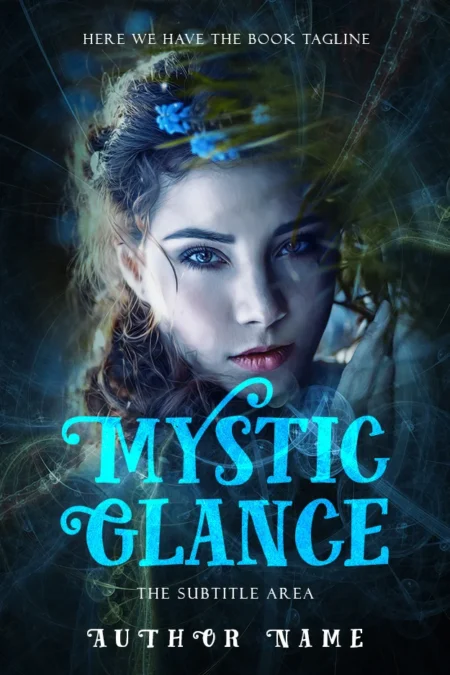 Book cover featuring the title 'Mystic Glance' in bright blue letters over an image of a young woman with a focused expression against a dark background.