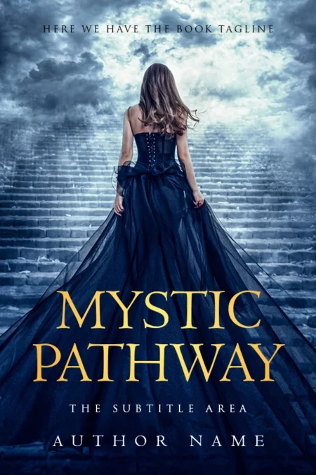 Mystic Pathway book cover featuring a woman in a black dress ascending a mystical staircase with a cloudy sky background