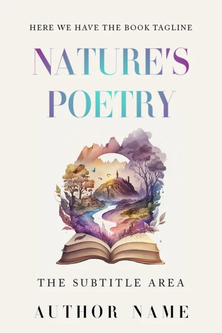A whimsical book cover titled "Nature's Poetry" featuring an open book with a vibrant, colorful landscape emerging from its pages.