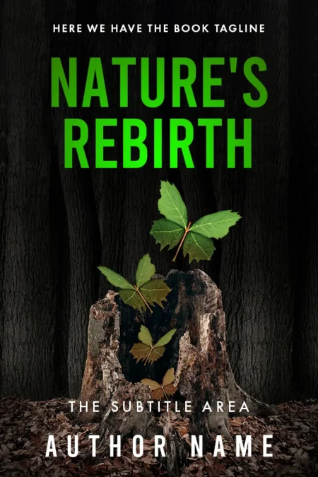 A captivating book cover titled "Nature's Rebirth" featuring a new plant growing from an old tree stump in a forest.