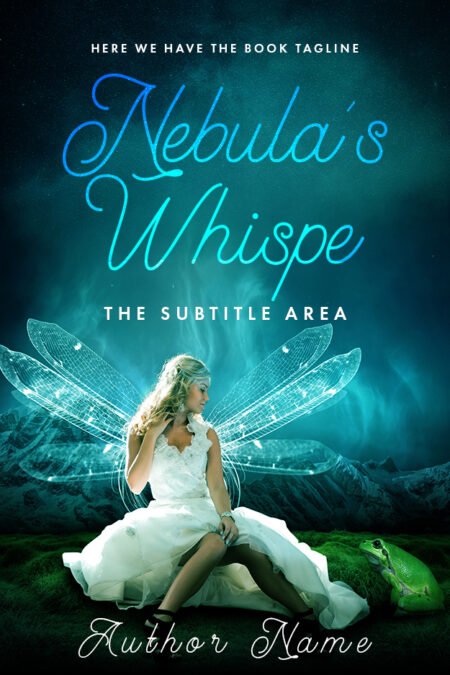 Fairy with glowing wings sitting in a mystical landscape on the book cover titled 'Nebula's Whisper'