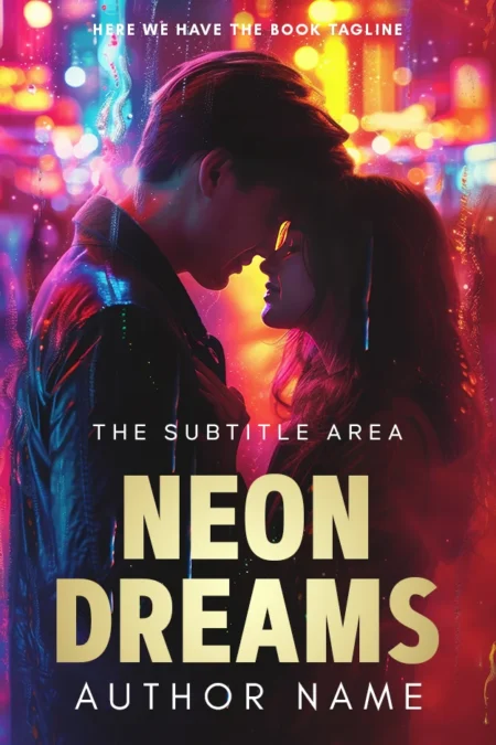 A vibrant book cover titled "Neon Dreams" featuring a couple in a romantic embrace with a colorful, neon-lit cityscape background.