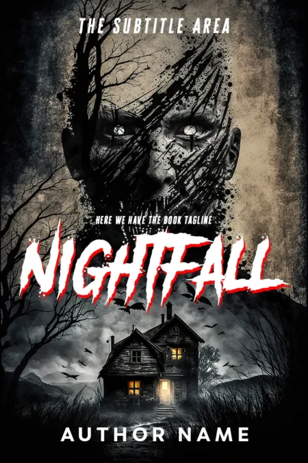 Book cover for 'Nightfall' featuring a haunted house at dusk with a ghostly face overlay, encapsulating a horror theme.