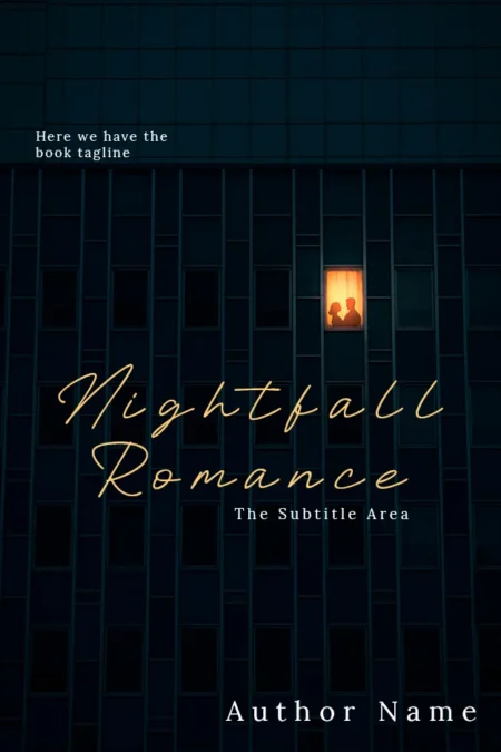 A romantic book cover titled "Nightfall Romance" featuring a lit window in a dark building with the silhouette of a couple inside.