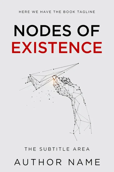 A minimalist book cover titled "Nodes of Existence" featuring a network of interconnected nodes forming an abstract shape against a light gray background.
