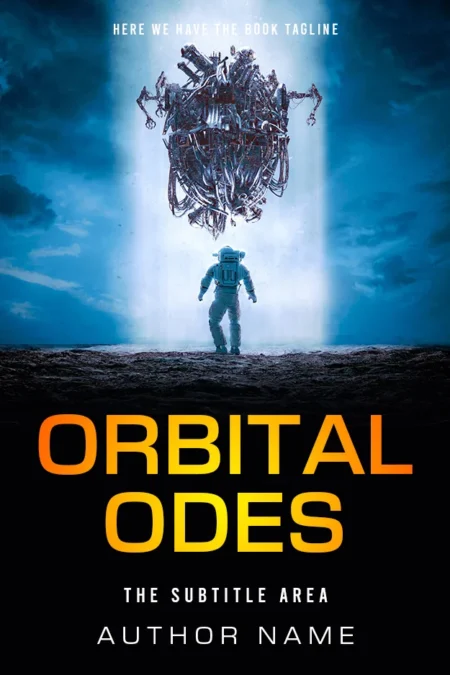 A sci-fi book cover titled "Orbital Odes" featuring an astronaut standing on a barren surface, looking up at a complex mechanical structure in the sky.