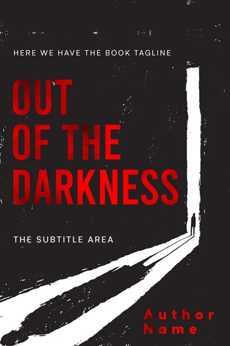 A book cover titled "Out of the Darkness" featuring a stark, minimalist design with a silhouette emerging from a bright light source in the darkness.