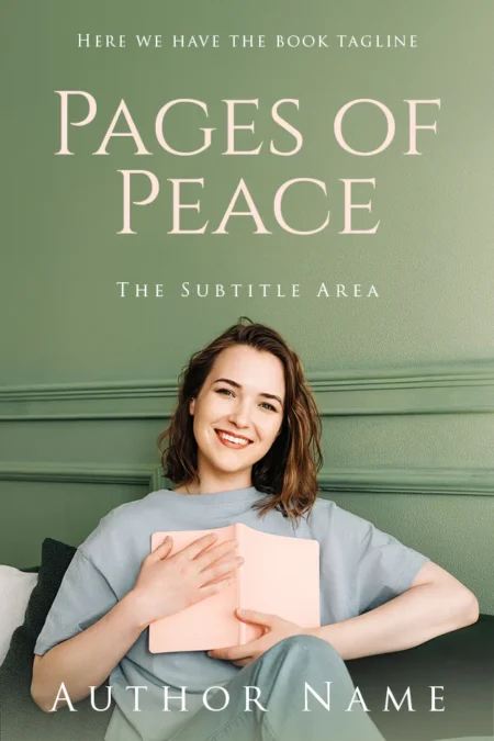 A peaceful book cover titled "Pages of Peace" featuring a smiling woman holding a book while sitting in a relaxed, serene environment.