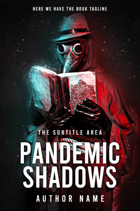 A dark and eerie book cover titled "Pandemic Shadows" featuring a plague doctor reading a weathered book with ominous lighting.