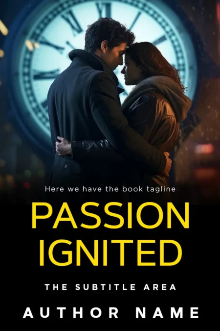 Passion Ignited premade book cover featuring a couple embracing with a large clock in the background, highlighting the romantic and timeless theme.
