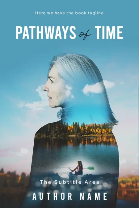A reflective book cover titled "Pathways of Time" featuring a profile of a woman with a serene landscape blended into her silhouette.