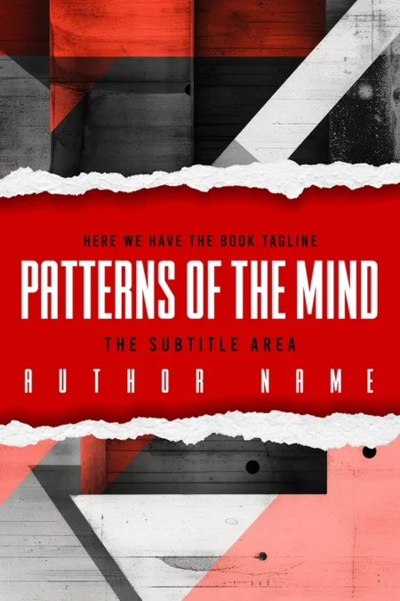 A dynamic book cover titled "Patterns of the Mind" featuring bold geometric shapes and colors with a torn paper effect.