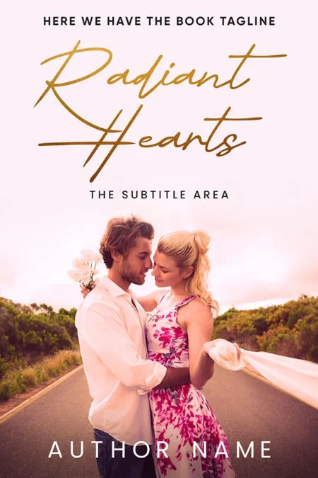 A romantic book cover titled "Radiant Hearts" featuring a couple embracing on a scenic road, with a soft pink sky and lush greenery in the background.